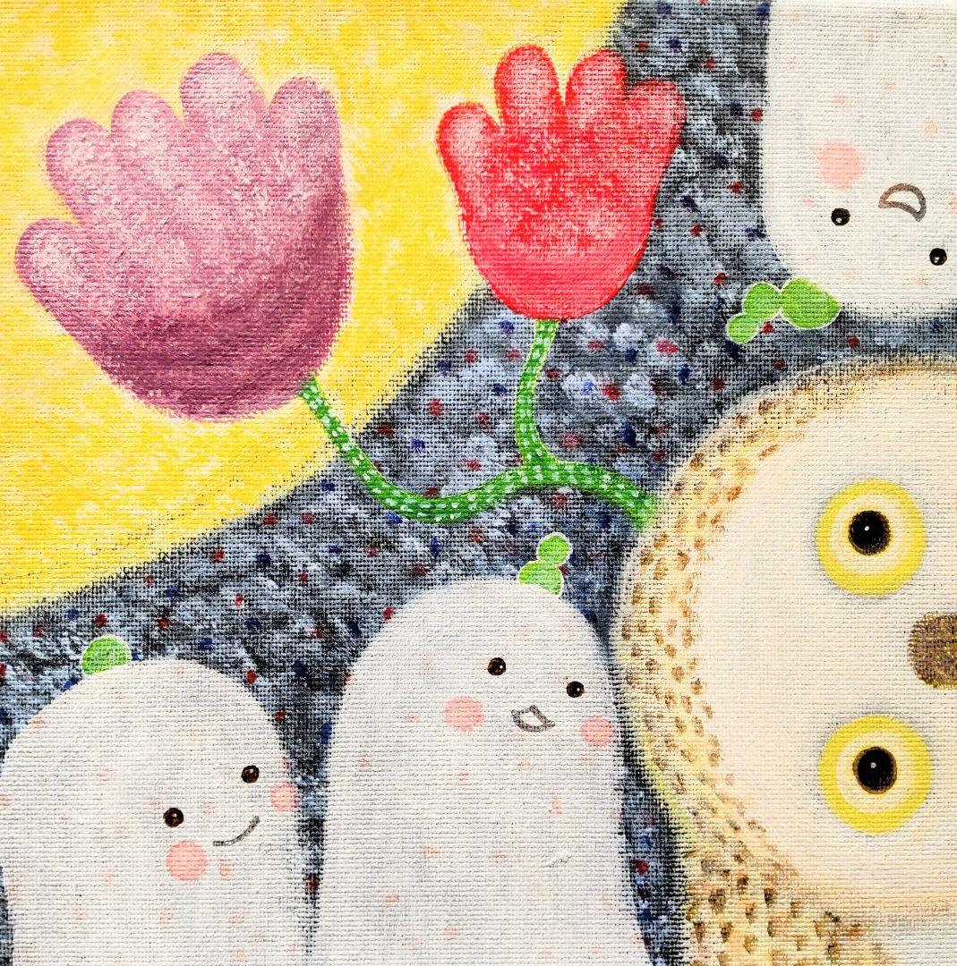 絵画 原画『花咲く夜の話』キャンバス(F4号) フクロウ 月 花 幸せ 一点もの